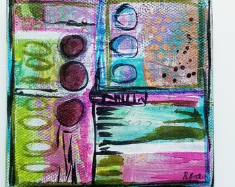 Mini Abstract Art: Pink & Lime Green Acrylic Collage (4x4 inches)