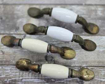 Brass & Ceramic Drawer Handles, Set of 2 White or Beige, Knobs Shabby Vintage