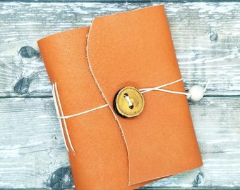 Reclaimed Leather Mini Notebook-Dark Orange with handmade wood button closure