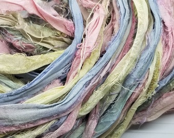 Floral Bouquet - Sari Silk Ribbon, 4 Yards, Torn Edge, Junk Journals, Tag Art, Assemblage Supply, Recycled Sari Fabric