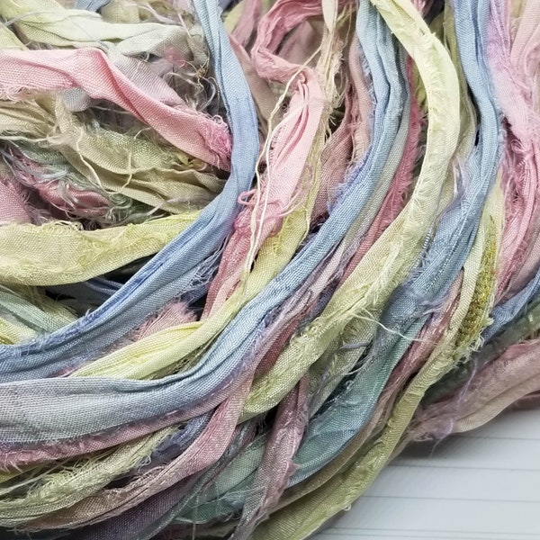 Floral Bouquet - Sari Silk Ribbon, 4 Yards, Torn Edge, Junk Journals, Tag Art, Assemblage Supply, Recycled Sari Fabric