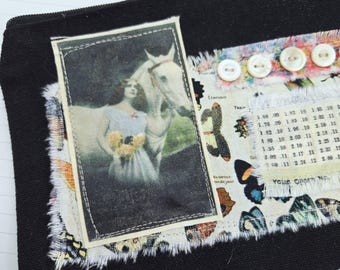 Collaged Cotton Canvas Pouch Woman with Horse