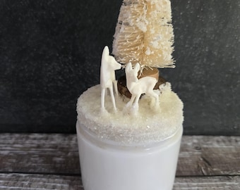 Winter Wonderland Vignette- Deer, Bottle Brush Tree, Vintage Makeup Bottle Assemblage