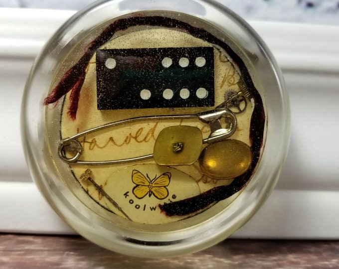 Featured listing image: Vintage Filled Glass Paperweight, Ledger Paper, Collage, Domino, dark academia, Ephemera, Metal, Resin Artwork Assemblage No.1