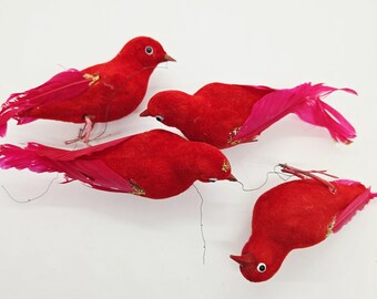 4 Vintage Red Flocked Birds- Christmas Decor