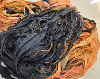 Black & Orange Sari Silk Ribbon: Torn Edge Junk Journal Supply