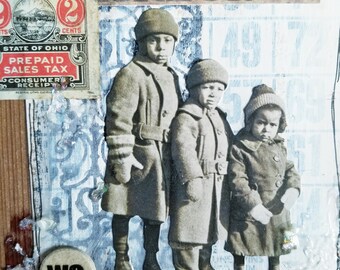 Snow Day Collage , Assemblage artwork,children collage, vintage photograph, antique papers