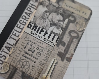 Collaged Pocket Composition Notebook-Solid Steel- Vintage Images, Diary,