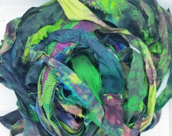Green Tie Dye Sari Silk Ribbon: Torn Edge Recycled Fabric, 4 Yards