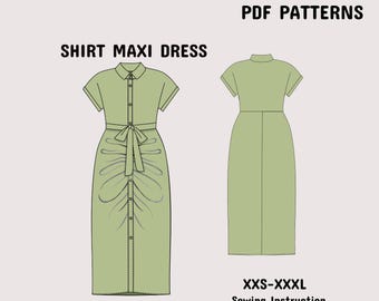 Shirt Maxi Dress Sewing Pattern, Ruched Waist Tie (A4+A0+US-Letter)