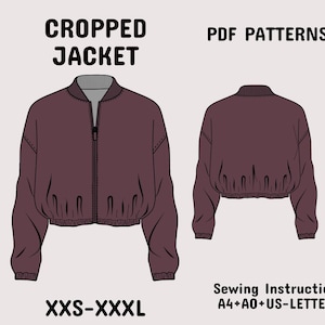 Pode incluir: Um casaco curto em tom bordô escuro com fecho frontal, gola canelada e bainha e punhos elásticos. A ilustração mostra vistas frontal e traseira com o texto CROPPED JACKET, PDF PATTERNS, XXS-XXXL, Sewing Instruction A4+A0+US-LETTER.