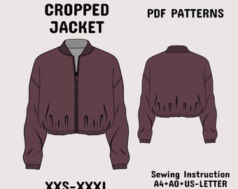 Cropped Bomber Jacket Sewing Pattern | Varsity Jacket Pdf Pattern | Womens Zip Jacket DIY Pattern | A4+A0+US Letter+ Instruction XXS-3XL