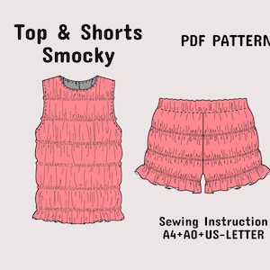May include: A digital illustration of a pink smock top and matching shorts with gathered, tiered ruffles. The text reads Top & Shorts Smocky, PDF PATTERNS, and Sewing Instruction A4+A0+US-LETTER. The design features a sleeveless top and elastic waist shorts.