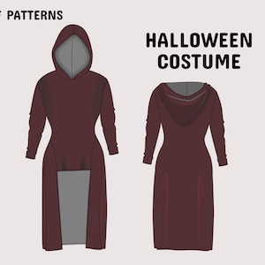 May include: Illustration of a burgundy Halloween costume with a hood and long sleeves. The costume has a high slit in the front and a gray lining in the hood. The text "PDF PATTERNS" and "HALLOWEEN COSTUME" are displayed.