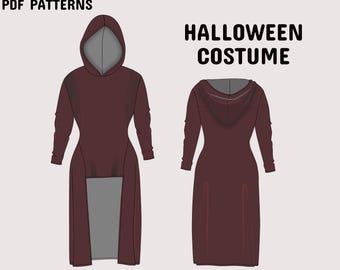 Cosplay Dress Sewing Pattern, Hooded Gown, Medieval Costume (A4/A0/US Letter)