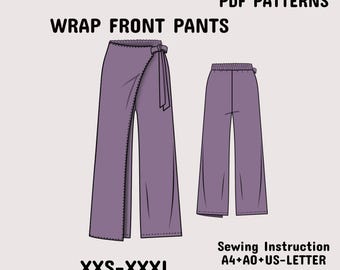 Może przedstawiać: Cyfrowa ilustracja wrzosowych spodni kopertowych z elastycznym pasem i wiązaniem z boku. Tekst zawiera napisy PDF PATTERNS, WRAP FRONT PANTS, XXS-XXXL oraz Sewing Instruction A4+A0+US-LETTER. Obraz przedstawia widok z przodu i z tyłu.