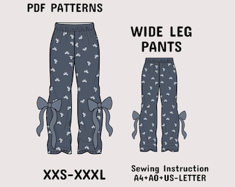 Wide Leg Pants Sewing Pattern, Bow Tie Detail Trousers (PDF Download)