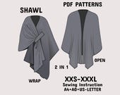 Poncho Sewing Pattern, Wrap Shawl Sewing Pattern, Cover-Up & Open Shawl, womens pattern in A4+A0+US-Letter + Detailed Instruction XXS-XXXL