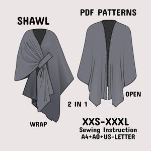 Patrón de costura para poncho, chal envolvente, chal abierto y para cubrir, patrón para mujer en A4+A0+US-Letter + instrucciones detalladas XXS-XXXL