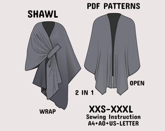 Poncho Sewing Pattern, Wrap Shawl Sewing Pattern, Cover-Up & Open Shawl, womens pattern in A4+A0+US-Letter + Detailed Instruction XXS-XXXL