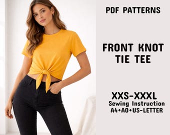 Knot Crop Top Sewing Pattern – Tie-Front Tee (XXS-3XL) (PDF Pattern A4+A0+US-Letter )