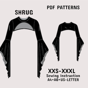 May include: Black shrug pattern with bell sleeves. The image includes the text "SHRUG" and "PDF PATTERNS". Also included is the text "XXS-XXXL Sewing Instruction A4+A0+US-LETTER". The shrug has a cutout design.