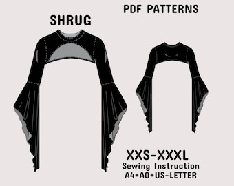 Bolero gótico feminino preto com mangas compridas em formato de sino, estilo cyberpunk/fantasia. Molde para costura + instruções detalhadas nos tamanhos A4, A0 e Carta (EUA), do XXS ao 3XL.