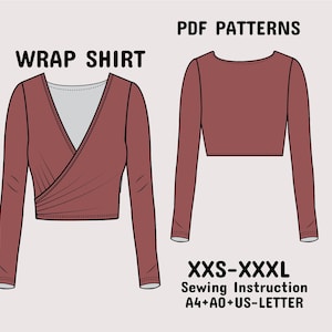 Patrón de costura para blusa cruzada, blusa para mujer, top corto cruzado de manga larga, blusa cruzada cómoda en tamaño A4 + A0 + Carta EE. UU. + instrucciones (XXS-3XL)