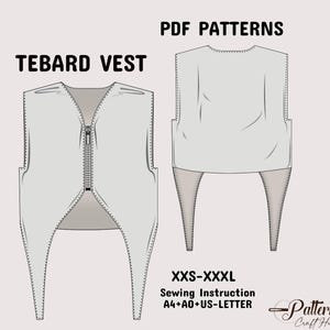 Tabard Sewing Pattern, Female Fantasy Tabard Vest with zip, Medieval Surcoat, Pattern in A4+ A0+ US-Letter + Detailed Instruction XXS - XXXL