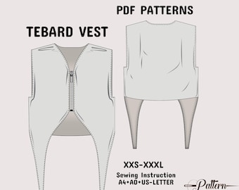 Tabard Sewing Pattern, Female Fantasy Tabard Vest with zip, Medieval Surcoat, Pattern in A4+ A0+ US-Letter + Detailed Instruction XXS - XXXL