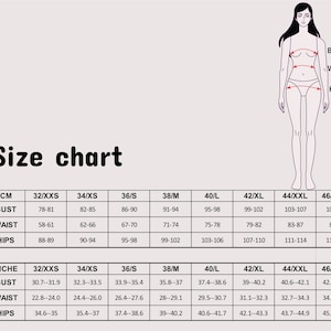 May include: A size chart with measurements in centimeters and inches, including bust, waist, and hip sizes. The chart is accompanied by a line drawing of a person, indicating measurement points. The text "Size chart" is at the top.