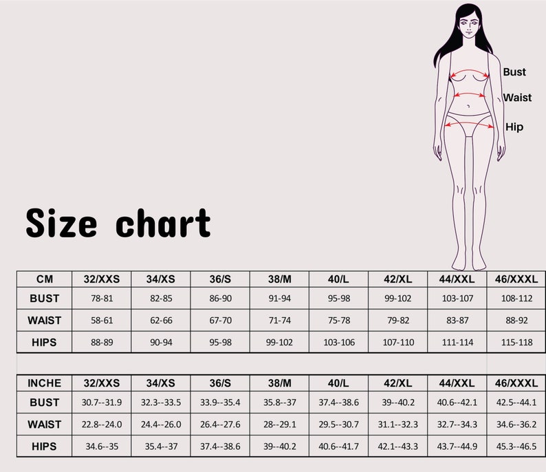 May include: A size chart with measurements in centimeters and inches, including bust, waist, and hip sizes. The chart is accompanied by a line drawing of a person, indicating measurement points. The text "Size chart" is at the top.