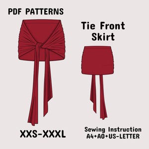 May include: A digital illustration of a dark red tie front skirt with two long fabric ties hanging down. The text reads PDF PATTERNS, Tie Front Skirt, XXS-XXXL, and Sewing Instruction A4+A0+US-LETTER. The design shows a gathered waistline.