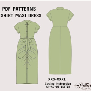May include: A PDF sewing pattern for a shirt maxi dress with a button-up front and a tie belt. The pattern is available in sizes XXS-XXXXL and includes sewing instructions. The pattern is printed on A4, A0, and US Letter paper sizes.