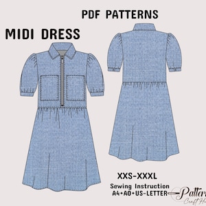 Könnte beinhalten: Ein digitales Schnittmuster für ein Midi-Kleid mit Kragen, Reißverschluss und Puffärmeln. Das Schnittmuster ist in den Größen XXS-XXXL erhältlich und enthält Anweisungen zum Drucken auf A4-, A0- und US-Letter-Papier.