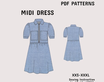 Midi Dress Sewing Pattern, Button Sleeve, Front Zip (A4 A0 US-Letter) XXS-XXXL