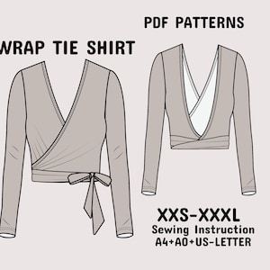 Patrón de costura para top cruzado, top con lazo, espalda abierta, top corto para mujer en A4 + A0 + carta de EE. UU. + instrucciones (XXS-3XL)