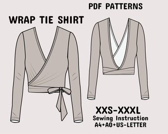 Wrap Top Sewing Pattern, Tie Top Sewing Pattern, Open Back Wrap Top Pattern, Women's Crop Top Pattern in A4+A0+US-Letter+Instruction XXS-3XL