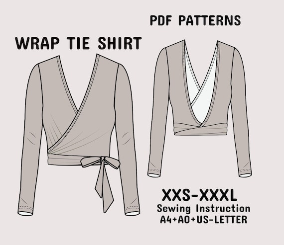 Wrap Top Sewing Pattern, Tie Top Sewing Pattern, Open Back Wrap Top Pattern, Women's Crop Top Pattern in A4+A0+US-Letter+Instruction XXS-3XL