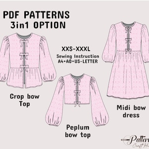 Patrón de blusa para mujer, blusa peplum con mangas abullonadas, blusa con lazo en la parte delantera, patrón de blusa con lazo, patrón de blusa de primavera en tamaño A4 + A0 + carta de EE. UU. + instrucciones, XXS-XXXL