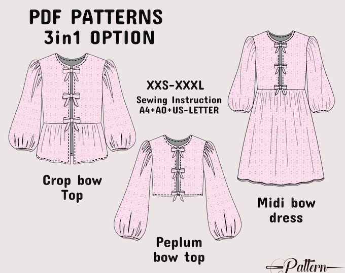 Women Top Pattern | Pdf Sewing Pattern | Puffed Sleeve Peplum Tie Top ...