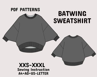 Padrão de blusa estilo morcego, Padrão de costura feminina, Padrão de costura de blusa com manga estilo morcego, Moletom grande em A4+A0+Carta dos EUA+ Instruções XXS-XXXL