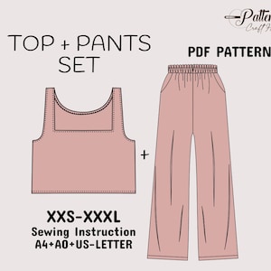 Calças de cintura alta e pernas largas, padrão de costura superior com gola quadrada, padrão de costura de duas peças, padrão em A4+A0+US Letter + instruções, XXS–XXXL