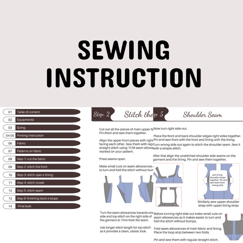 May include: A sewing instruction guide with the title "SEWING INSTRUCTION" in large, bold, black letters. The guide includes numbered steps, diagrams, and text explaining sewing techniques, such as cutting fabric and stitching seams.
