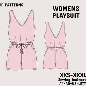 May include: Line drawing of two pink playsuits with a V-neck and drawstring waist. The text "PDF PATTERNS" and "WOMENS PLAYSUIT" are at the top. The text "XXS-XXXL Sewing Instruction A4+A0+US-LETTER" is at the bottom.