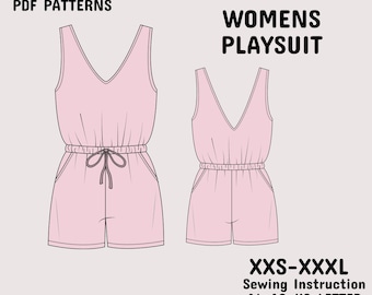 Women Romper Sewing Dress Pattern - Beginner Playsuit Summer Dress Short Pdf Pattern, A4+A0+Us Letter+ Instruction XXS-3XL, Instant Download