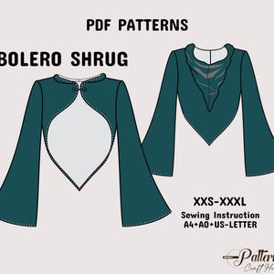 Shrug Bolero Schnittmuster, Kapuzen Shrug Schnittmuster, Shrug Mit Langen, ausgestellten Ärmeln PDF Nähanleitung in A4+A0+US-Letter+ ausführliche Anleitung XXS-3XL