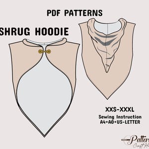 Patrón de bolero de encogimiento de hombros, disfraz de cosplay medieval, patrón de costura de encogimiento de hombros con capucha abierta al frente + instrucciones detalladas con tamaño A4 + A0 + carta estadounidense, XXS-3XL