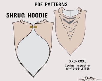 Molde para bolero tipo shrug, ideal para cosplay medieval. Inclui instruções detalhadas e tamanhos A4, A0 e Carta (EUA), do XXS ao 3XL.