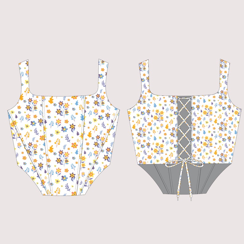 May include: A white corset top with a floral pattern of yellow, blue, and orange flowers. The corset has a square neckline and straps. The back of the corset has a gray panel with a lace-up design.